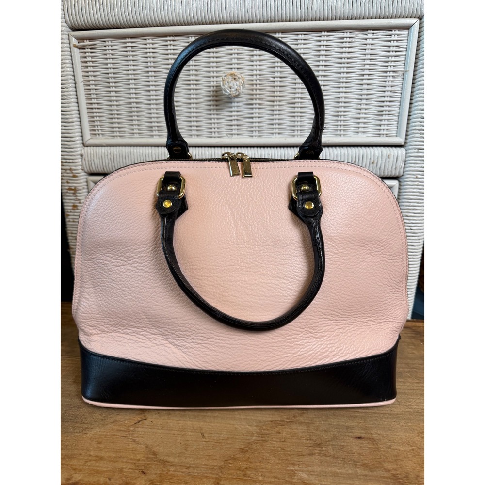Vera Pelle Italy Pink Black Pebbled Leather Dome Satchel Handbag Gold Hardware